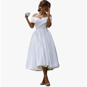 Wedding Dress Off Shoulder Tea Length White Satin A Line Bridal Dress 10 Lace Up